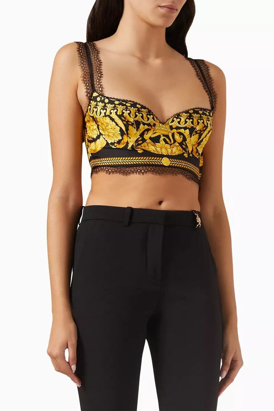 NWT Versace Silk Bralette Crop Top 40 US 4 S Black Barocco Lace-Trimmed $1,190